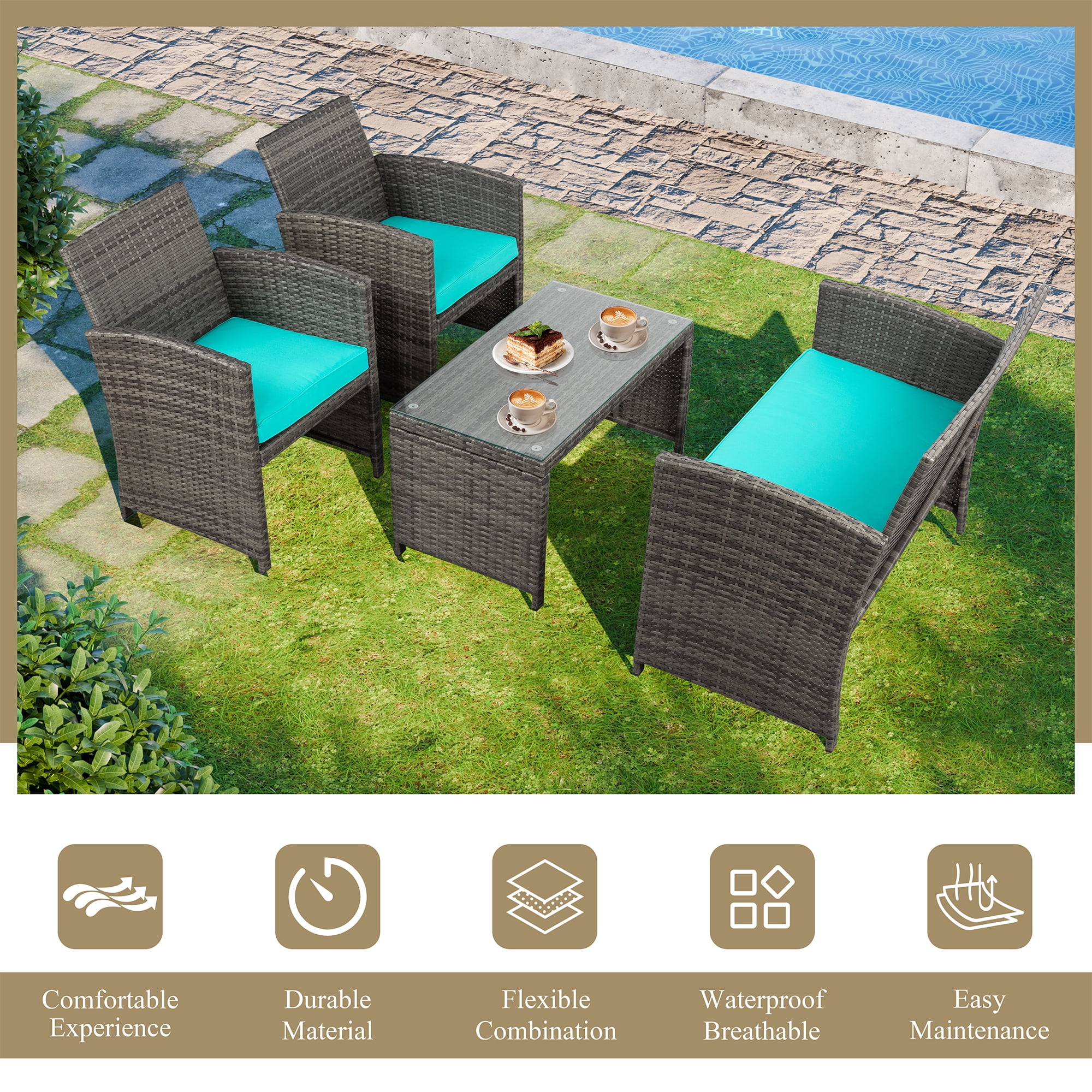 Walsunny 4-Piece Patio Rattan Furniture Set with Cushions & Tempered Glass Tabletop, Blue