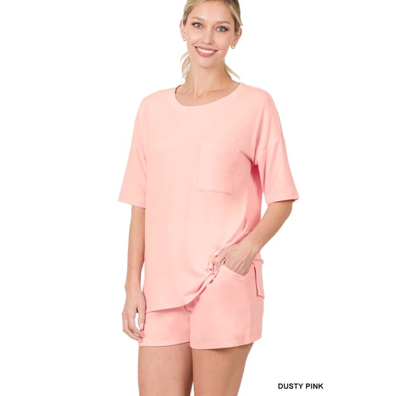 Zenana Women & Plus Relaxed Fit Drop Shoulder Tee Shirt Top & Drawstring Waist Short Lounge Set