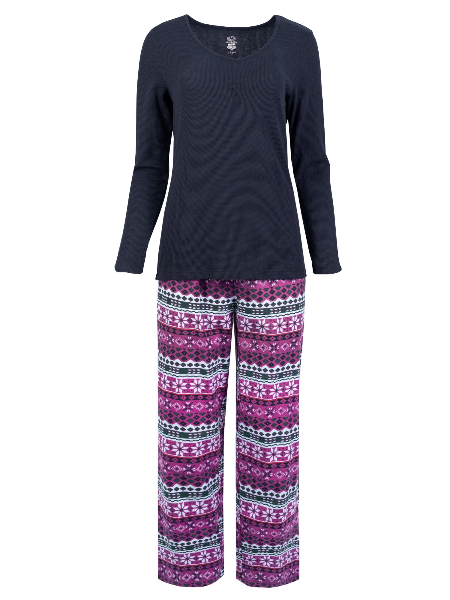 Fruit of the Loom Women's Beyond Soft Long Sleeve Waffle Top and Flannel Bottom Pajama Set, Sizes S-4X