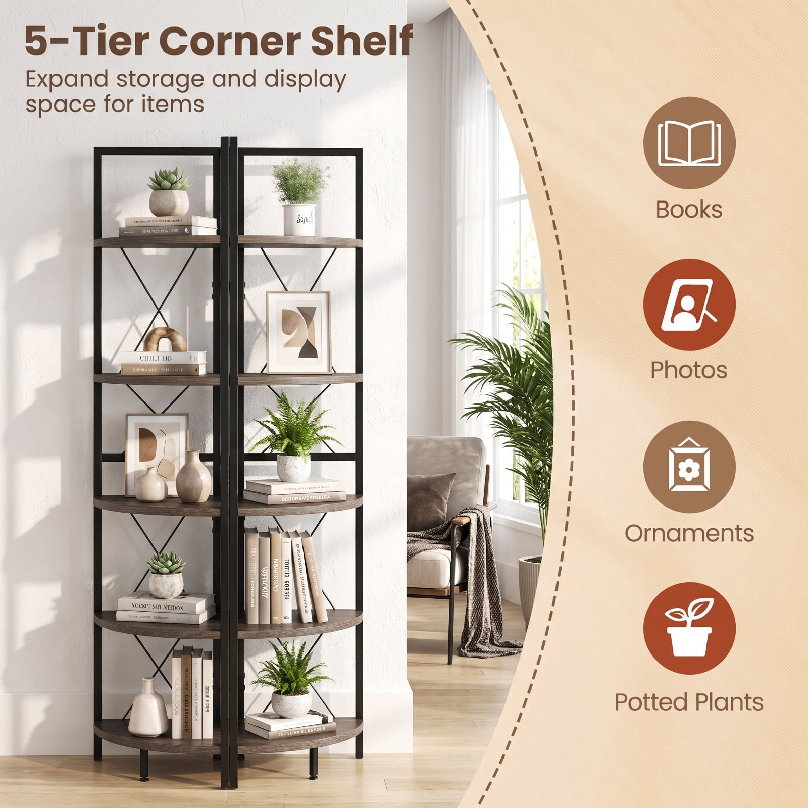 Furnibear 5-Tier Freestanding Corner Shelf 63 Inch Tall Storage Rack for Living Room Home Office Bedroom Display Storage Shelf, Oak