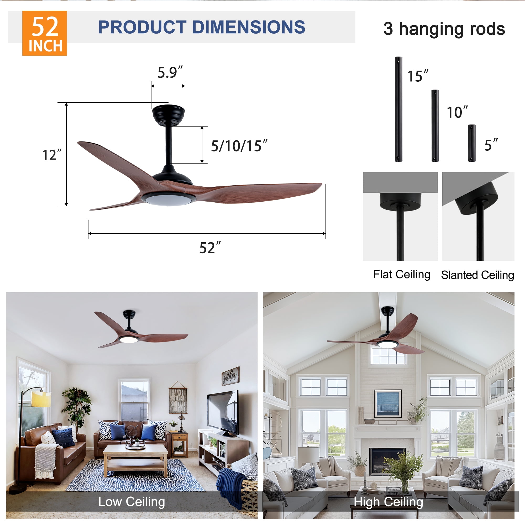 52 Inch Ceiling Fan With Light Kit LED Light Source ABS Blades, DC 6 Speed, Remote Control, Adjustable Height Ceiling Fan for Patio Living Room, Bedroom, Office, Indoor