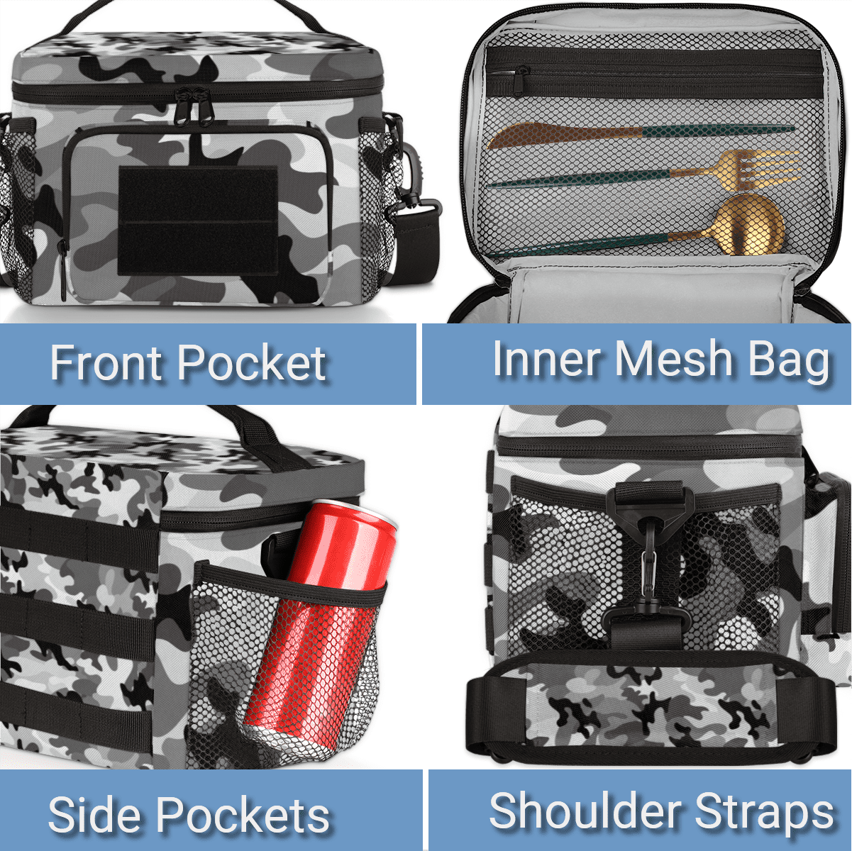 Lunch Box for Adults,Tactical Lunch Bag,Leakproof Insulated Lunch Bag for Adjustable Shoulder Strap,Water Bottle Pouch Cooler Bag for Work Outdoor Picnic Trips 8L(Camouflage Gray)