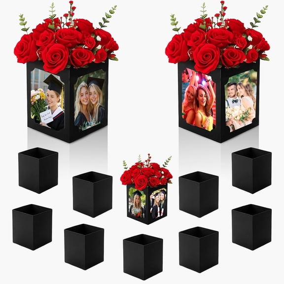 12 Pcs Picture Centerpiece Display Boxes for Table, 6/7 Inch Photo Frame Props with Hollow Design for Graduation, Wedding, Birthday, Party Table Decorations, Reusable Black Frames