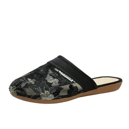 

ZTTD Ladies Fashion Breathable Mesh Flower Embroidery Flat Bottom Slippers Black