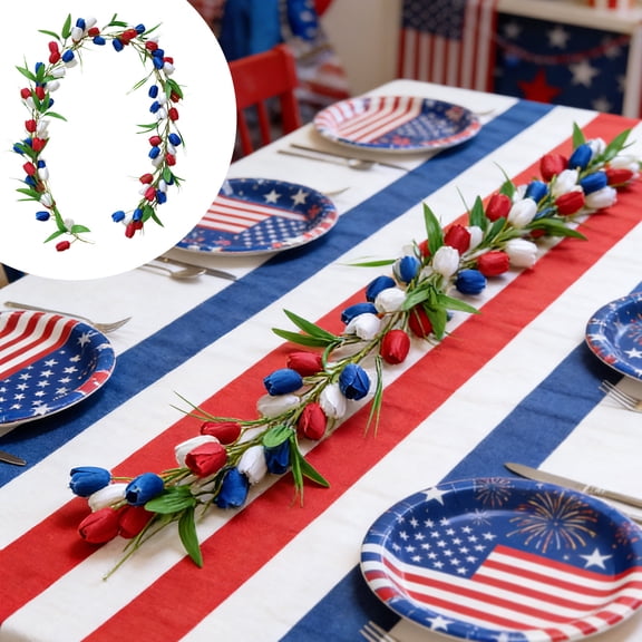 4th of July Red White Blue Tulip Vines, Patriotic Artificial Floral Garland with Bendable Leaf, Fade-Resistant Festive Decor for Independence Day Home Outdoor Wall Porch Garden Fence