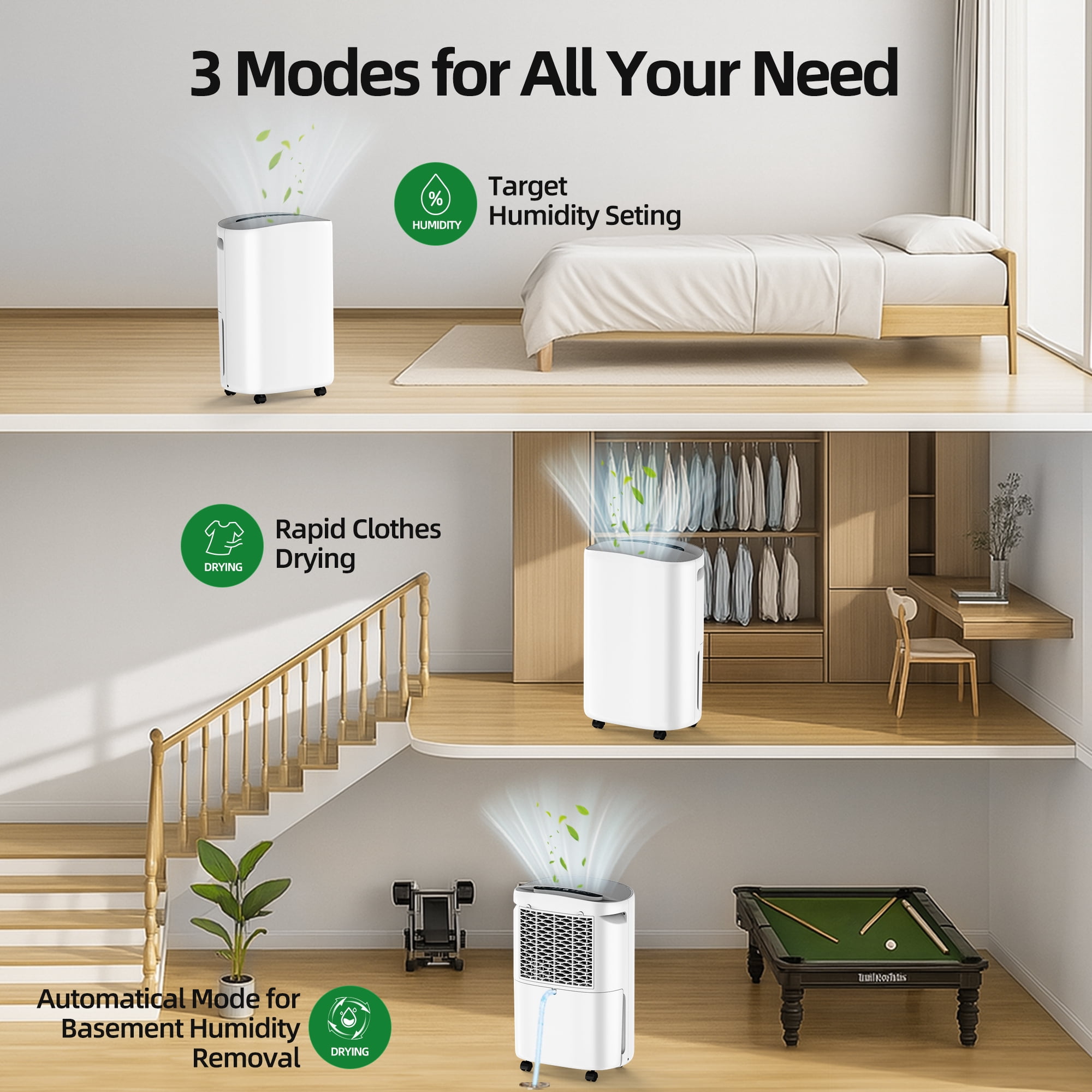 50 pt. 5,500 sq. ft. Dehumidifier in White with Drain Hose, 1 Gal. Bucket, 45dB Dehumidifier for Bedroom, Auto Defrost
