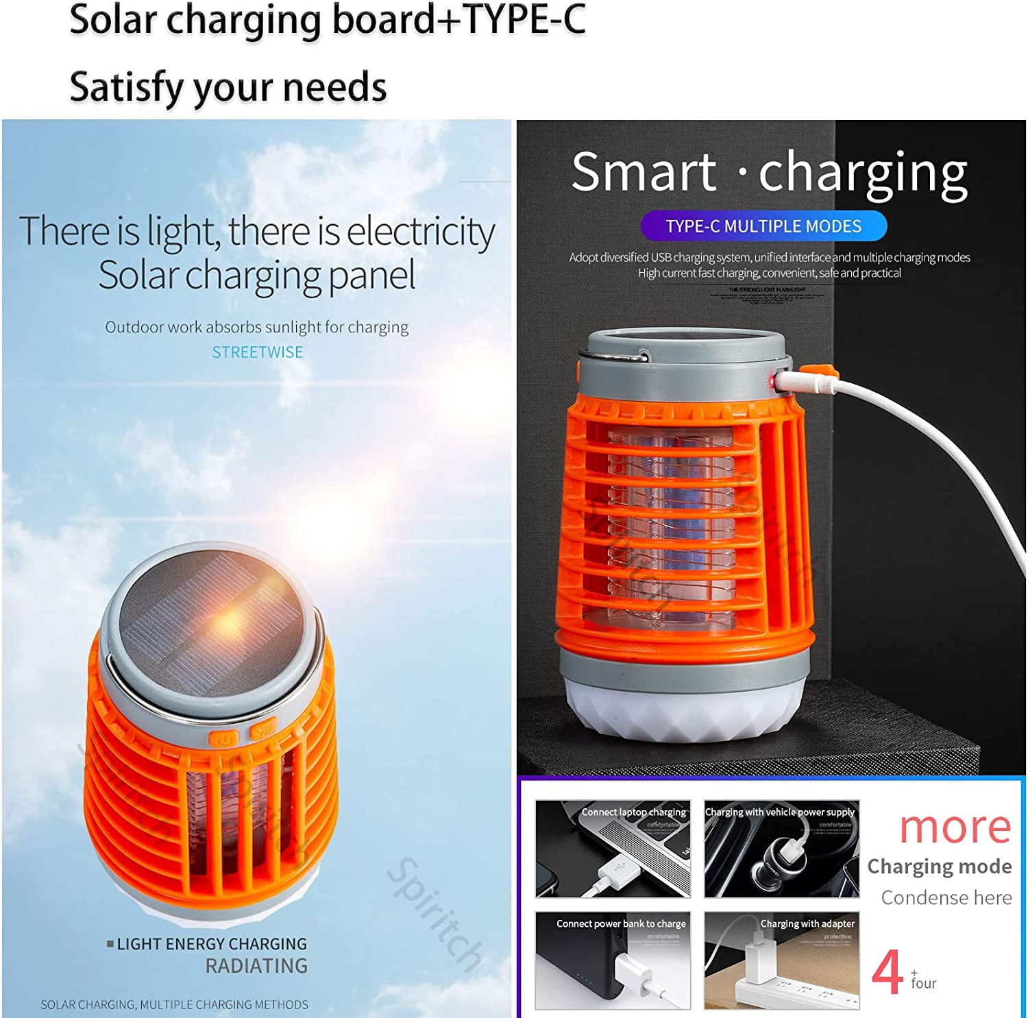 SUTENG Bug Zapper, Bug Zapper Outdoor Lamp Electric shock Mosquito Zapper, Bug Zapper Outdoor Solar and USB Charging Orange