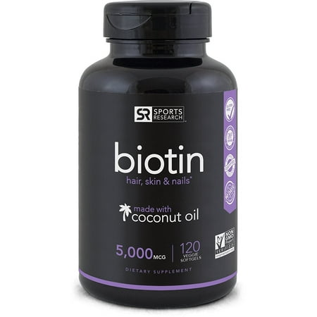 BIOTIN Enhanced With Coconut Oil For Better Absorption; Supports Hair Growth, Glowing Skin And Strong Nails; 120 Mini-Veggie Softgels; Made In