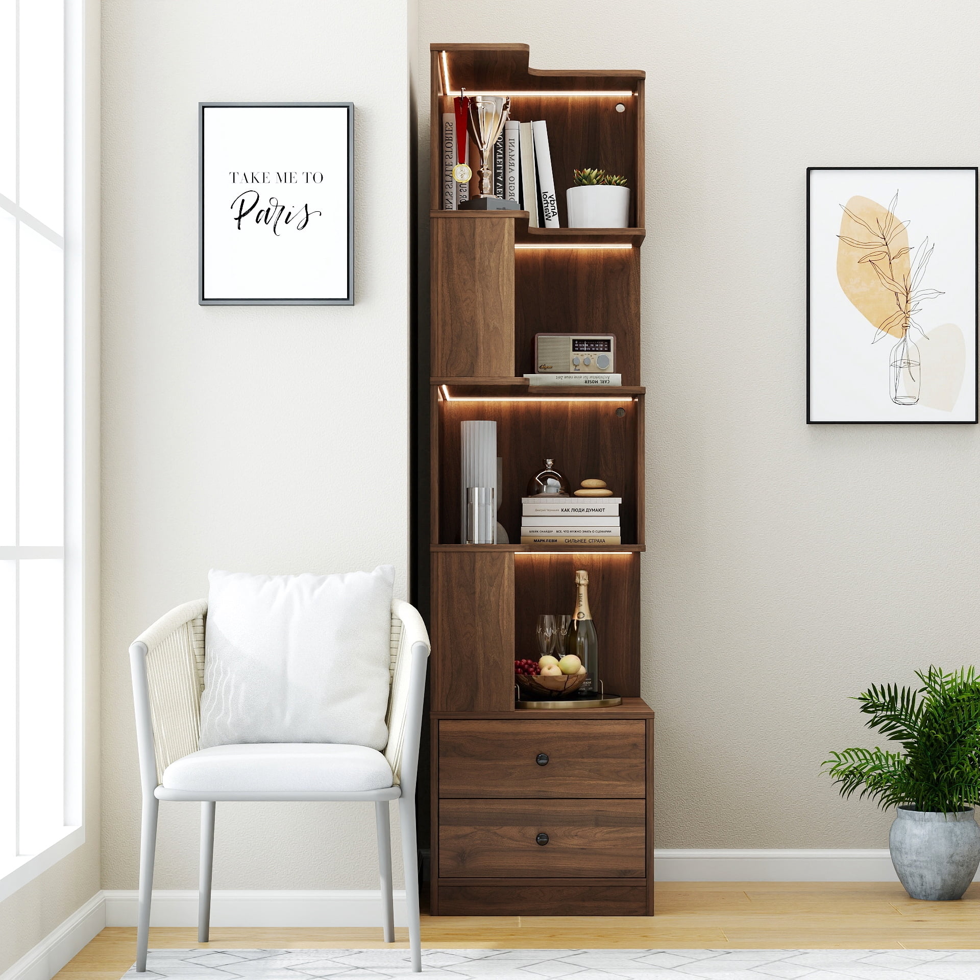 Corner Bookshelf 4-Tier L-Shaped Display Shelf with LED Lights for Home Office, Walnut