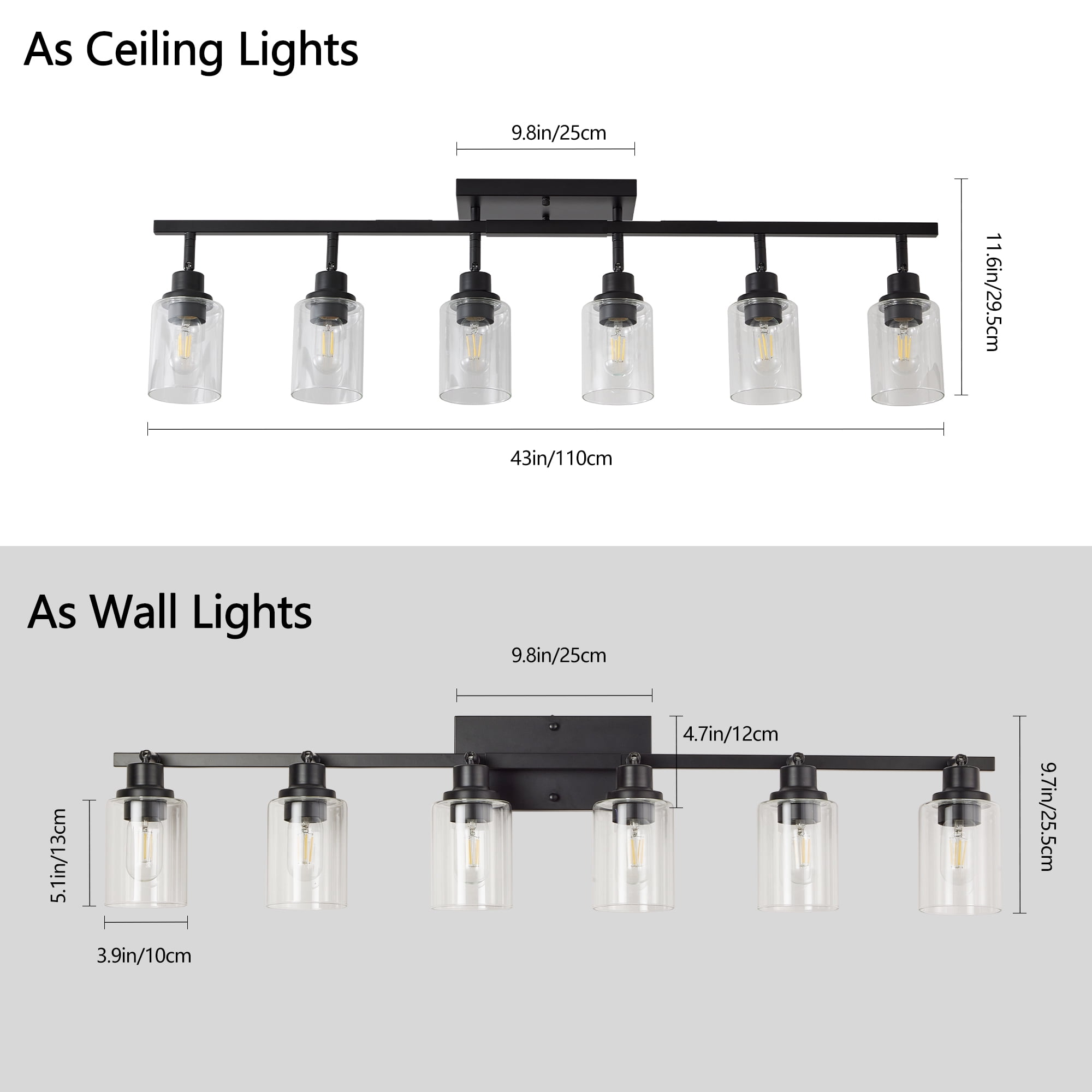 6-Light Track Lighting Kit, Black Rotatable Spotlights with Clear Glass Shade for Kitchen Bathroom Hallway Shop, Ceiling Mount