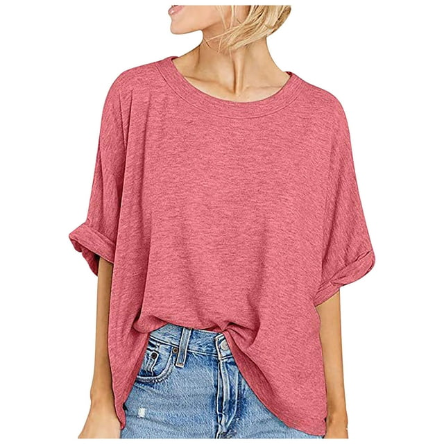 Plebaso T-Shirts Surdimensionnés pour Femmes à Manches Courtes, Col Rond, T-Shirts d'Été, Chemises Décontractées Amples 2025, Chemisiers