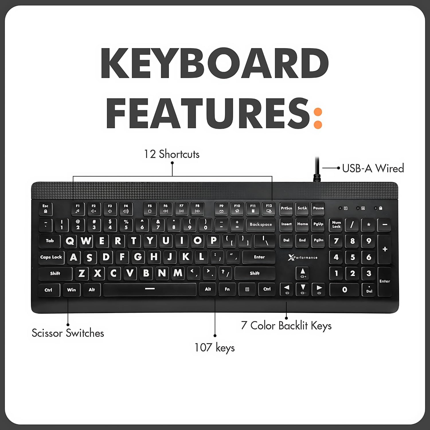 X9 Large Print Backlit USB Keyboard 7-Color LED photo 3