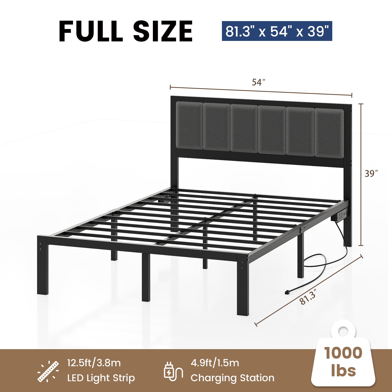 OLEVS Full Size Bed Frame with Upholstered Headboard, LED Lights, USB Ports, Power Outlet, No Box Spring Needed