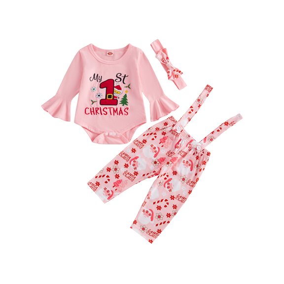 Baby Girl My 1st Christmas Outfits Long Sleeve Romper Suspender Pants Headband Set Newborn Clothes