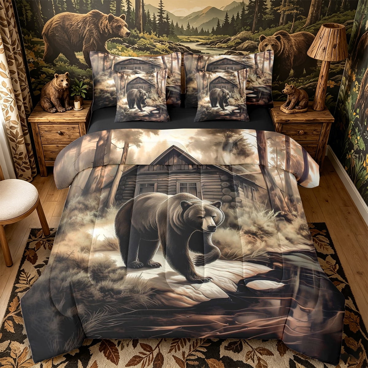 Castle Fairy Sepia Brown Bear Full Size Bedding Sets 7 Pieces for Teens Misty Forest Log Cabin Full Size Bed in a Bag Brown Cream Black Black Reversible