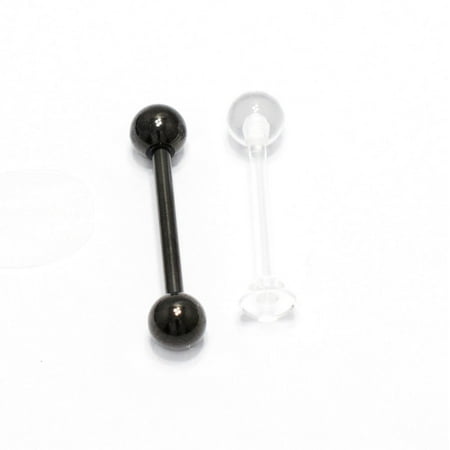- Tongue Rings Barbell Nipple 2pcs Surgical Steel Bar + Clear Retainer 14G 16mm