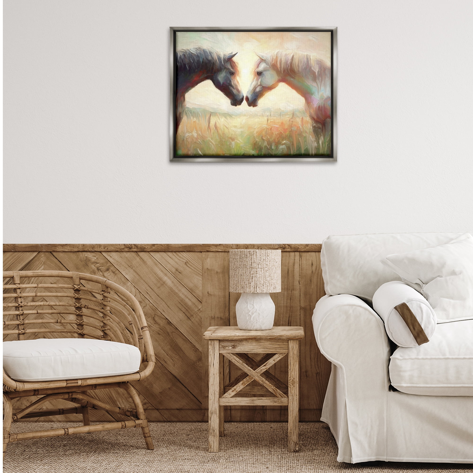 Stupell Industries Sunlit Horse Pair Animals & Insects Painting Gray Floater Framed Canvas Art Print Wall Art, 31 x 25