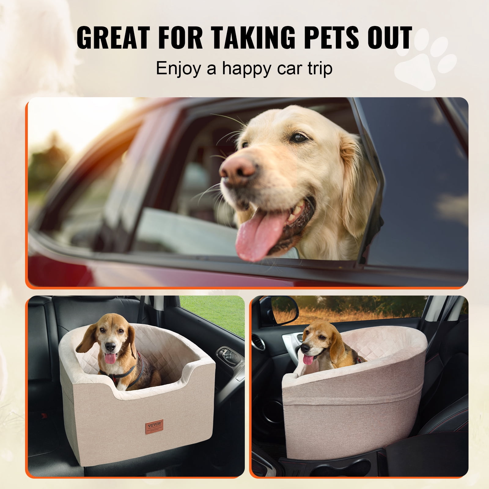 VEVOR Dog Car Seat, Waterproof Dog Booster Seat for Car with A Storage Pocket, Clip-On Safety Leash and Sponge Filling, Dog Car Bed for Small & Medium Dog up to 55lbs, Brown