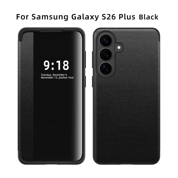 TECH CIRCLE for Samsung Galaxy S26 /S26 Plus PU Leather TPU Phone Case Slim Smart Window View 360 Degree Full Body Shockproof Rugged Anti-Scratch Protective Flip Folio Cover,Black