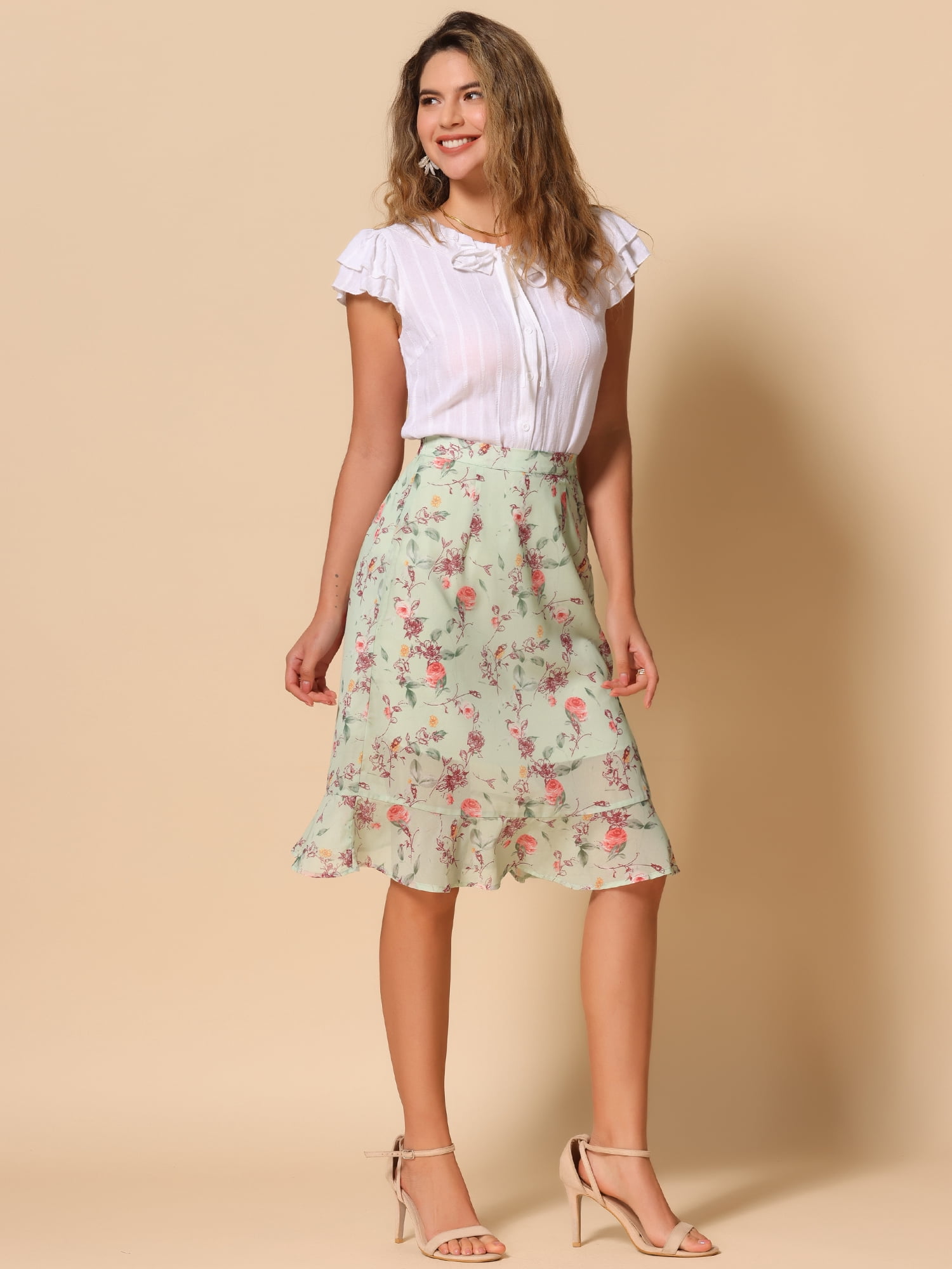 DARING DIVA Women's Floral Ruffle Hem Elastic Back Split Skirt XS Light Green
