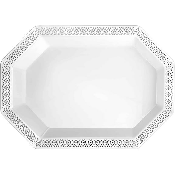 9 x 13 inches White Pearl Plastic Tray Octagon Shape – Elegant & Durable Disposable Serving Tray for Weddings, Parties, Catering & Buffets, Easy Cleanup & Versatile Use (3)