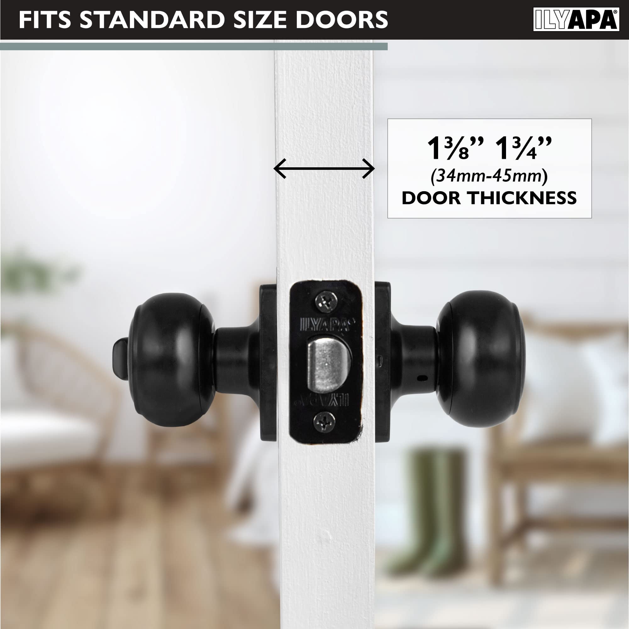 Ilyapa Privacy Door Knob, Bathroom or Bedroom Door Knobs with Lock, Modern Short, Black Knobs Interior Keyless Turn Thumb Locking Round Handle, Black 10 Pack