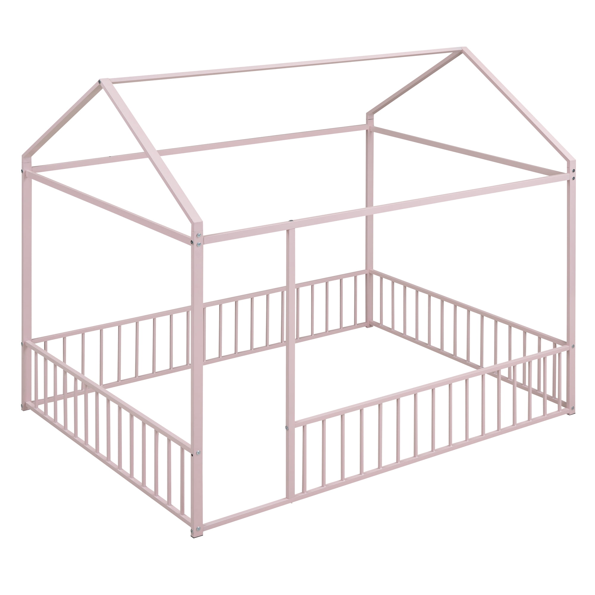 Full Size Montessori Floor Bed, Metal House Bed Frame for Kids, Kids Floor Beds with Fence Guardrails, Playhouse Bed for Kids Boys Girls