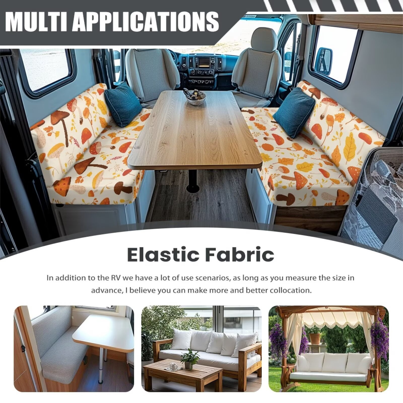 XYZCANDO Autumn Mushroom Leaf RV Dinette Cushion Covers Universal RV Accessories Outdoor Travel Use Bench Cushion Stretchable Couch Cover 2 Cushion Sofa Washable Sofa Cover Gifts for Friend