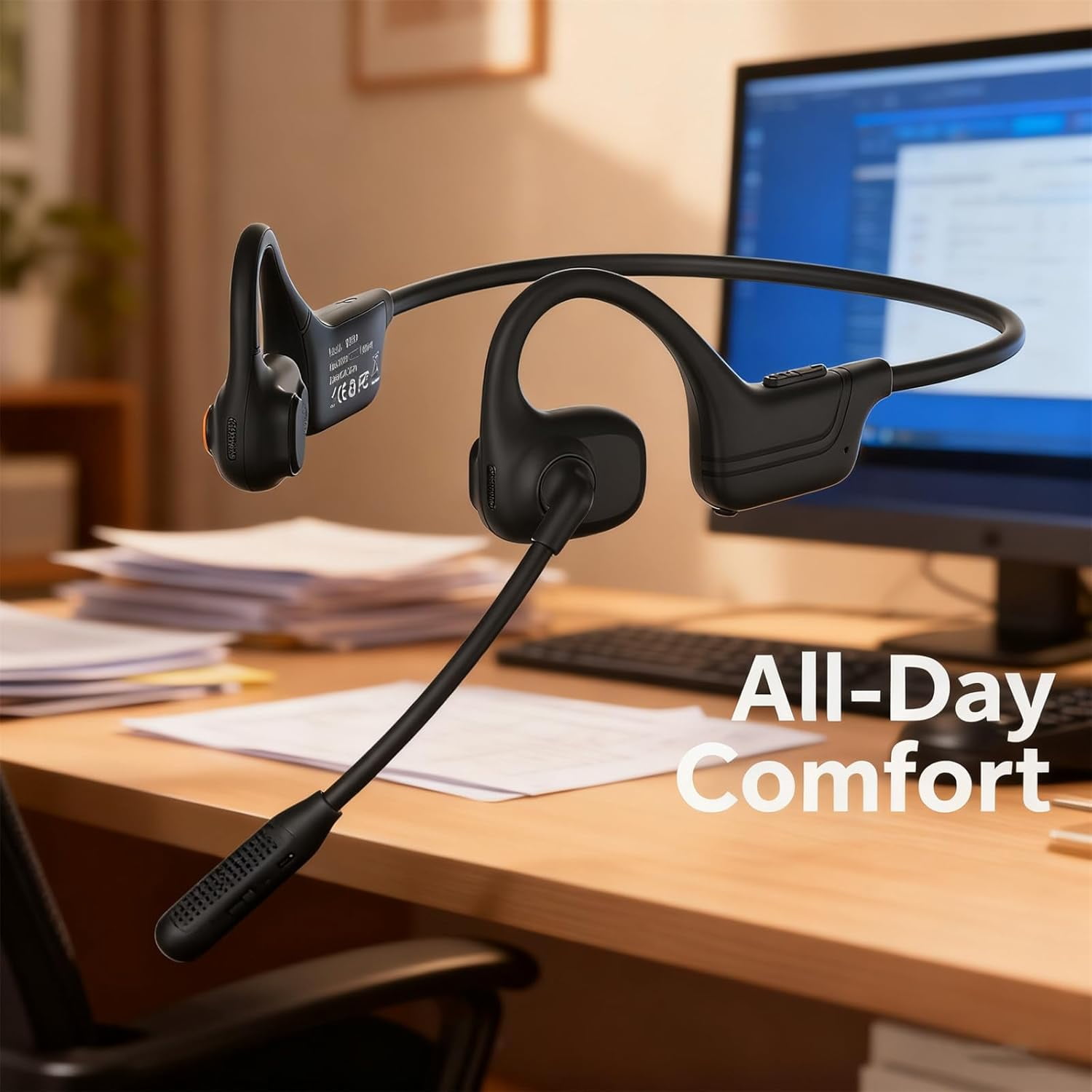 Lk02 Open Ear Headphones with Microphone, Noise Cancelling Wireless Headset with Mute Button, Designed for Meeting, Home Office,Driving (Black)