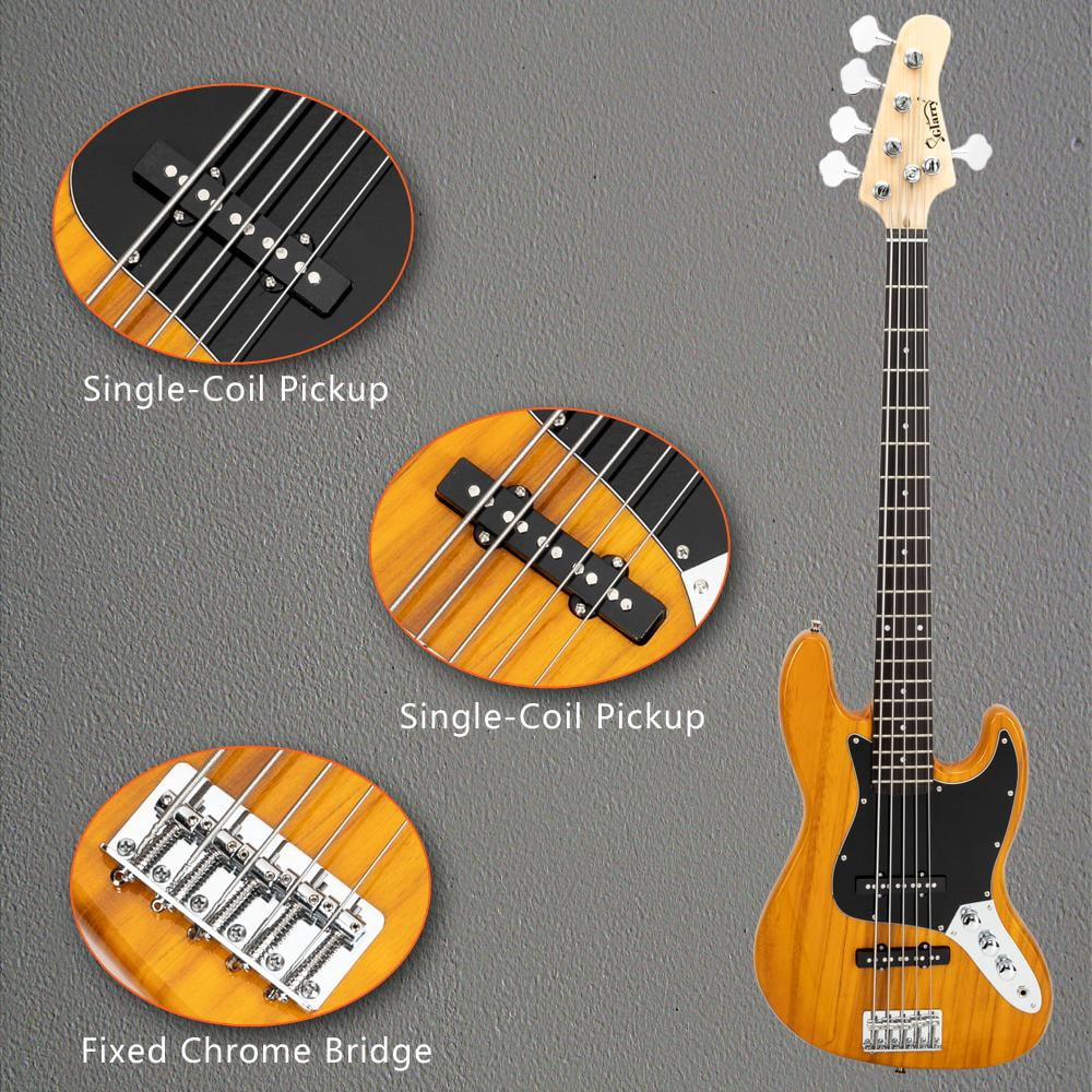 Electric 5 String Bass Guitar Full Size Bag Strap Pick Connector Wrench Tool Transparent Yellow