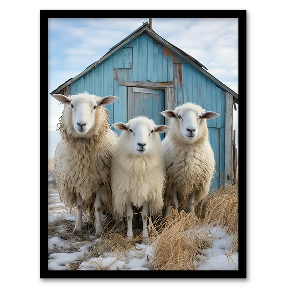 Winter Sheep and Faming Hut Whimsical Photograph Art Print Framed Poster Wall Decor 12x16 inch