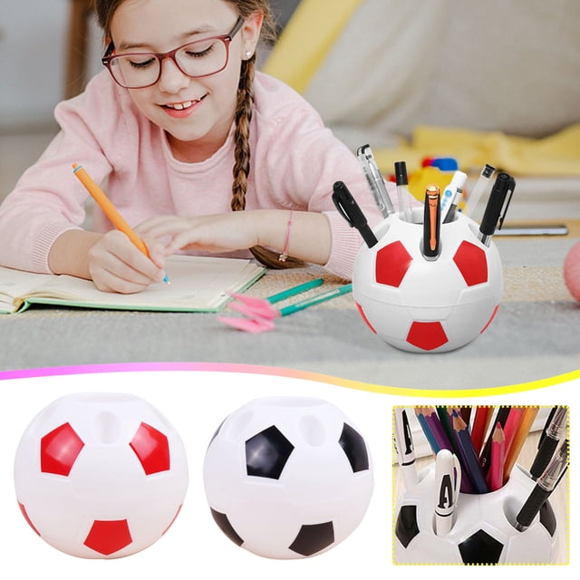 Organizador de escritorio para balón de fútbol - Portabolígrafos multifuncional con 5 compartimentos, contenedor de plástico negro y rojo, 10x10x9cm