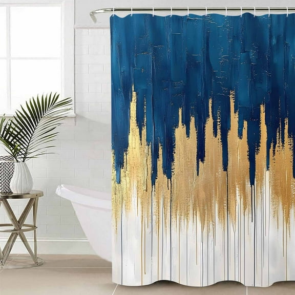 Blue Gold Waterproof Fabric Shower Curtain, Modern Street Art Splatter Foil Painting Shower Curtain for Bathroom Curtains Bathtubs Hotel Washable Shower Curtains with 12 Hooks Stall 54x78in