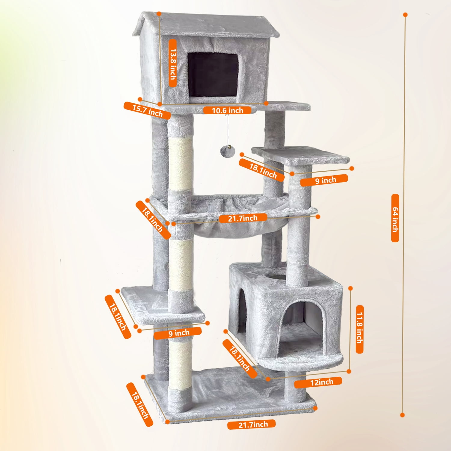 64in Cat Tree with Unique Cat House, Hammock, Scratching Posts - Plush Cat Tower for Indoor Cats, Ideal for Multiple Cats