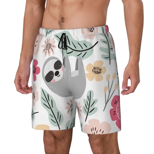 Balery Cute Cartoon Sloth Bañador para hombre, shorts de playa de secado rápido con entrepierna y forro de compresión-XX-Large