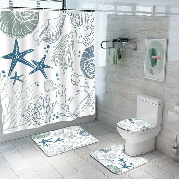 Planially Beach Fabric Shower Curtain and Rug Sets Waterproof 16 Pc Bathroom Set 72" x 72"