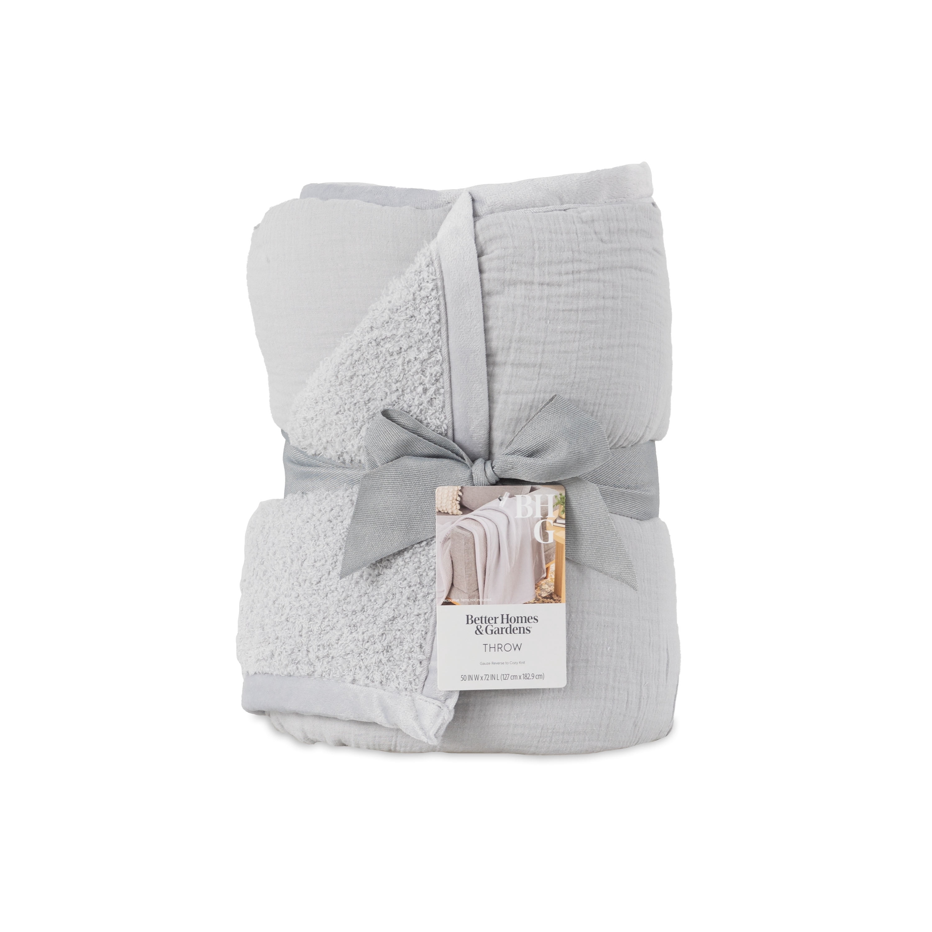 Better Homes & Gardens Oversized Reversible Gauze to Cozy Knit Throw Blanket, Soft Silver