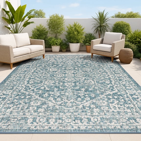 JONATHAN Y SANTA MONICA 8 x 10 Area Rug, Malta Bohemian Medallion Textured Weave - Teal/Gray, SMB104B-8