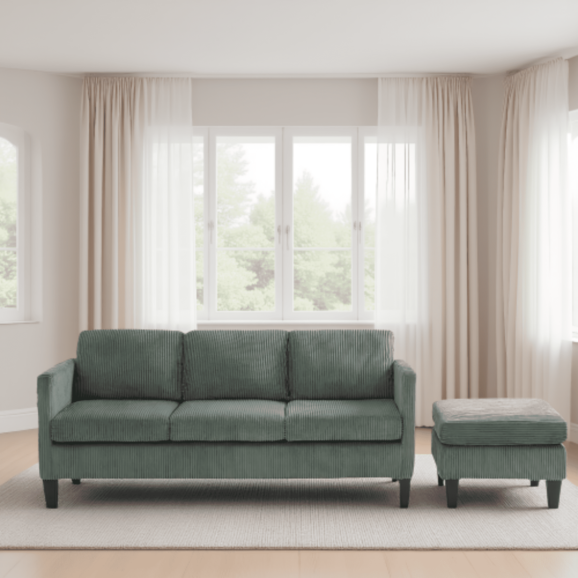 BSHTI 88.18" Corduroy L-Shaped Sectional Sofa with Memory Foam, Storage Chaise, Square Arms for Living Room（Olive Green）
