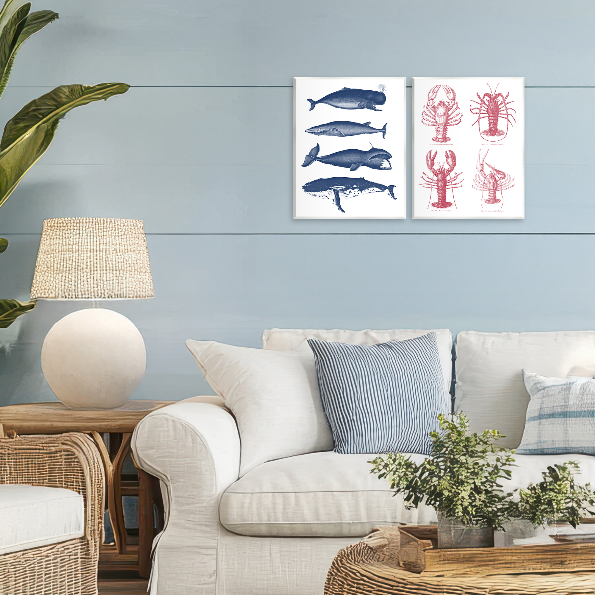 Marine Whales & Lobsters 2 Piece Wall Plaque Art Set, design by Lettered and Lined