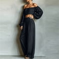 thumbnail image 5 of Women's 2 Piece Outfits Sweatsuits off the Shoulder Crop Top Wide Leg Sweatpants Casual Matching Sets Black XXL(XXL), 5 of 5