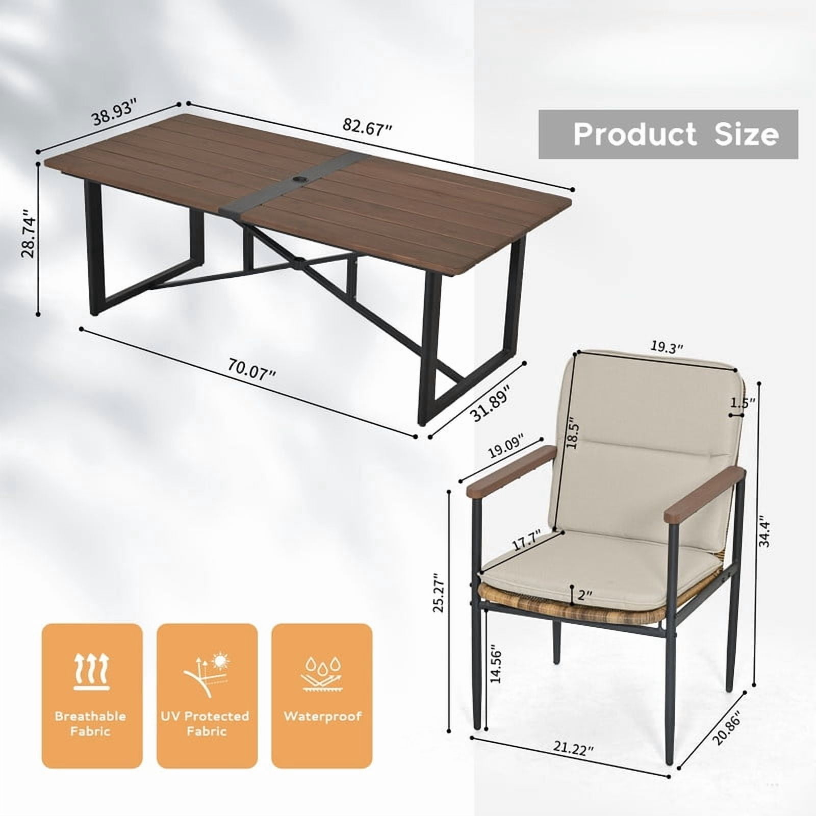 9 Piece Patio Dining Set, Outdoor Patio Table and Chairs Set with Large Wooden Dining Table and 8 Wicker Dining Chairs