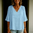 thumbnail image 5 of ClodeEU Women's Linen Blend V Neck Loose Fit Blouse with Shoulder Pleats ,Solid Color Loose Casual Top Blue,Womens Plus XXL, 5 of 8
