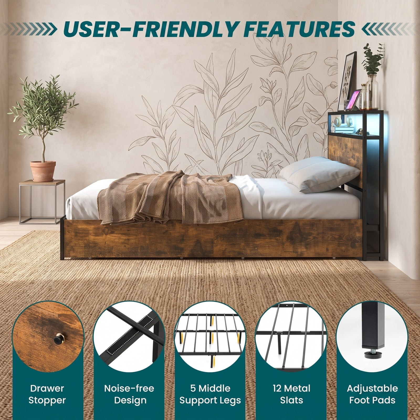 Furnibear Queen Size Bed Frame with Storage, LED Lights and 4 Drawers, Metal Platform Bed Frame with Charging Station and Headboard, Rustic Brown