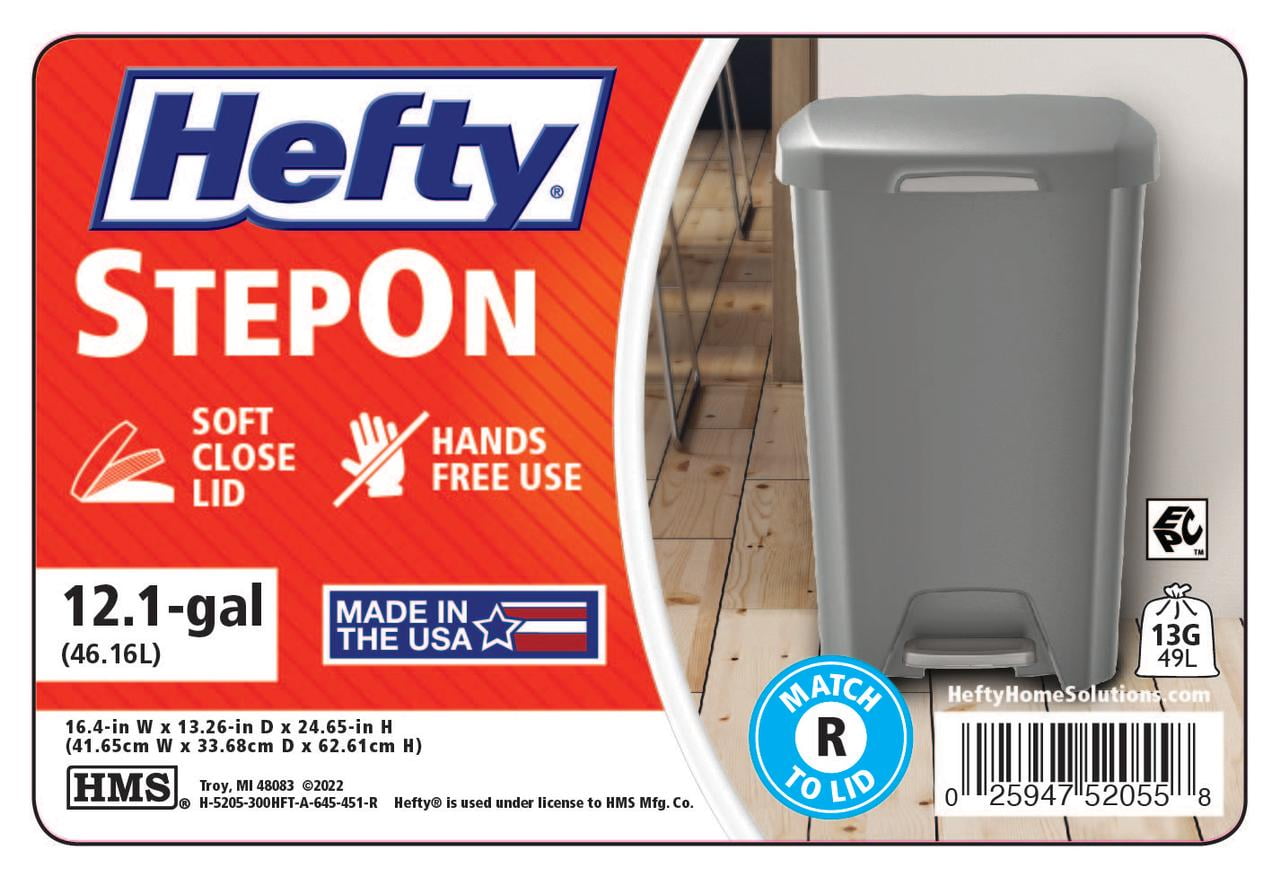 Hefty Kitchen Trash Can, 12.1 Gallon Plastic Step Garbage Bin with Soft Close Foot Pedal Lid, Gray