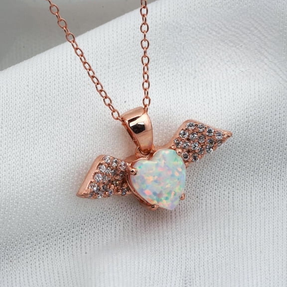 Bluebell Jewels Heart Cut Lab Created Fire Opal 14K Rose Gold Finish Angel Wing Pendant