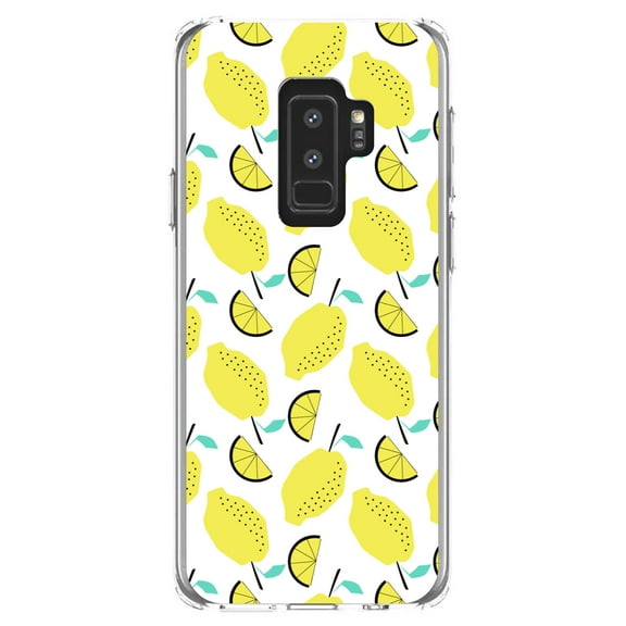 DistinctInk Clear Shockproof Hybrid Case for Samsung Galaxy S9+ PLUS (6.2" Screen) - TPU Bumper, Acrylic Back, Tempered Glass Screen Protector - Summer Graphics - Lemon Pattern - Lemonade