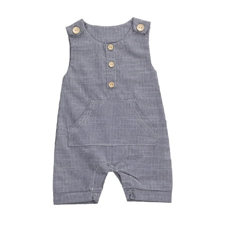 

Toddler Newborn Baby Girl Boy Sleeveless Striped Print Romper Button Romper Bodysuit with Pocket