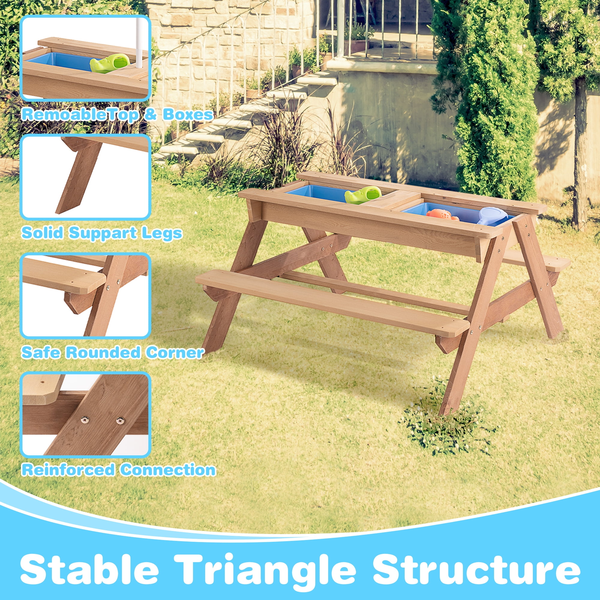 3-in-1 Outdoor Wooden Picnic Table With Umbrella, Convertible Sand & Water Activity Table