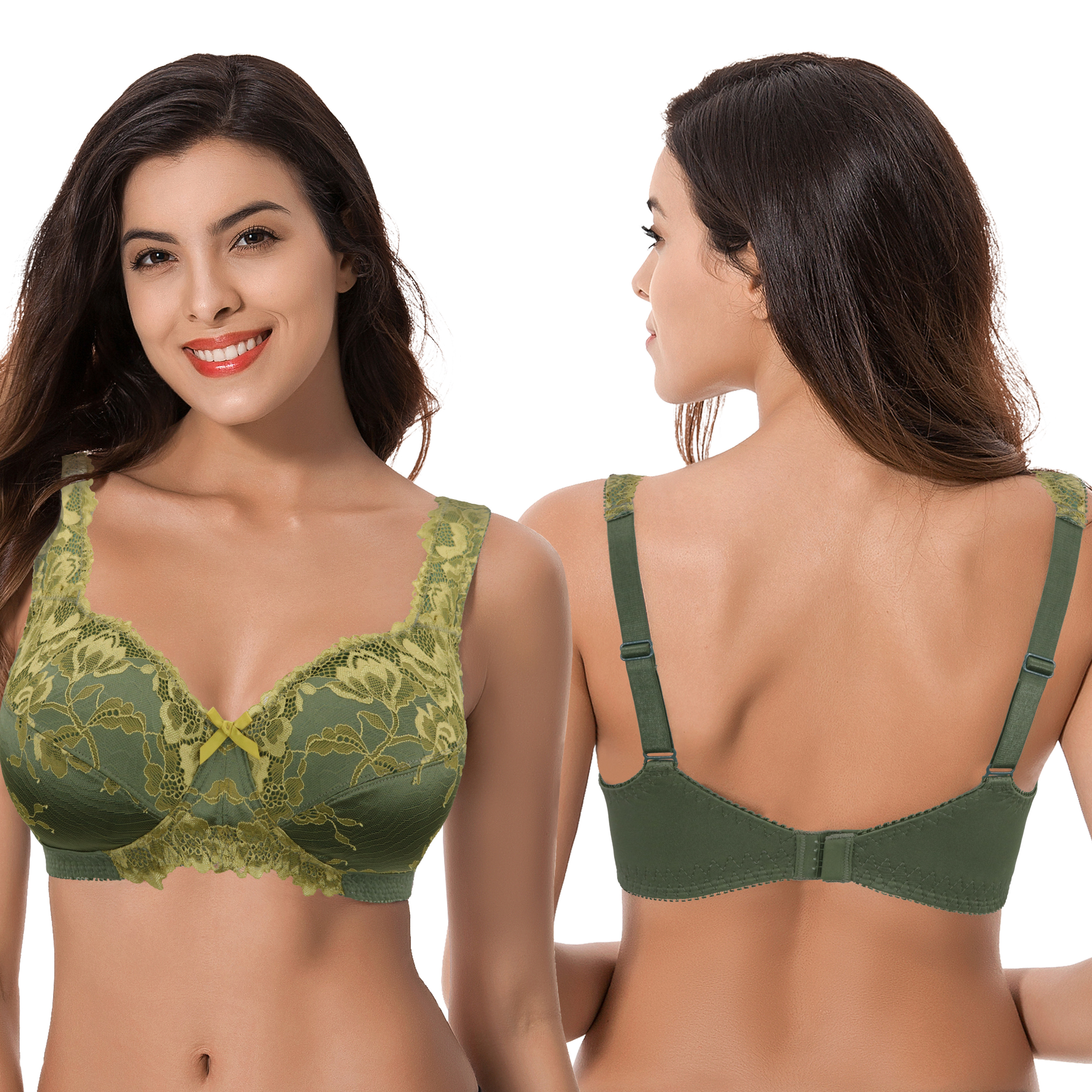 Curve Muse Women's Plus Size Minimizer Unlined Wireless Lace Full Coverage Bras-2Pack-DEEP LICHEN GREEN,NUDE-34B